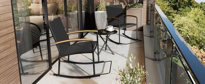 Shintenchi 3 Piece Outdoor Rocking Bistro Set, Textilene Fabric Small Patio Furniture Set, Front Porch Rocker Chairs Conversation Set with Table for Lawn, Garden, Balcony, Poolside (Black)
