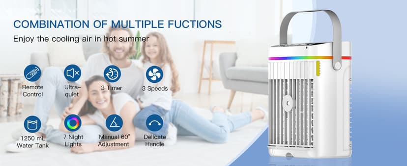Portable Air Conditioners,1200ML Cooling fan Mini Air Conditioner with Remote Control,3 Wind Speed & 7 LED Light,3 Cool Mist& 1-3H Timer,Personal Air Conditioner Evaporative Air Cooler for Room/Office