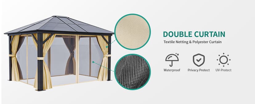 YITAHOME 10x12 Polycarbonate Gazebo Hardtop Outdoor Canopy with Netting and Shaded Curtains, Aluminum Frame Garden Tent for Patio, Backyard, Deck and Lawns, Brown