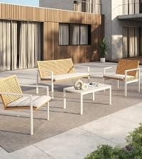 Grand patio 4-Piece Outdoor Furniture Set with Gas Fire Pit Table, Aluminum Patio Sofa Set for 8 with Faux Wood Grain Finish, Modern Patio Couch Sofa with Outdoor Bench and Chaise for Backyard