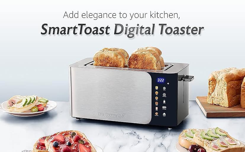 Elite Gourmet ECT5924D SmartToast Digital Long Slot 4 Slice Toaster, 1.5” Wide Slots for Thick Breads & Bagel Function, LED Touch Screen, Countdown Timer, 6 Shades, Stainless Steel