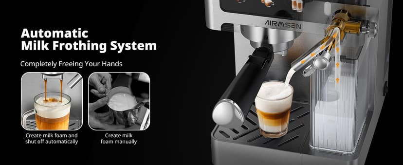 AIRMSEN 20 Bar Espresso Machine with Automatic Milk Frother, Cappuccino & Latte Coffee Maker with Quick Brew Dual Boiler (1350W + 1000W), Stainless Steel, 60oz Water Tank, Touchscreen