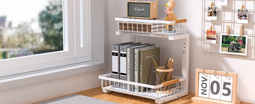 Under Sink Organizer 2 pack, 2 Tier Slide Out Under Sink Organizers And Storage, Height Adjustable Pull Out Cabinet Drawers, Kithcen Bathroom Metal Storage Caddy Shelf, White