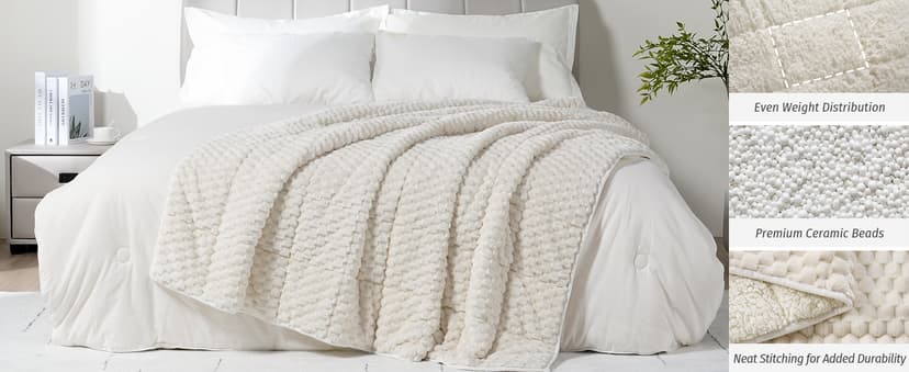 Wemore Fleece Weighted Blanket for Adults (60" x 80" 15lbs, Cream White), Dual Sided Cozy Soft Sherpa Heavy Blanket with 3D Imitation Turtle Shell Warm Jacquard Flannel for Couch and Bed