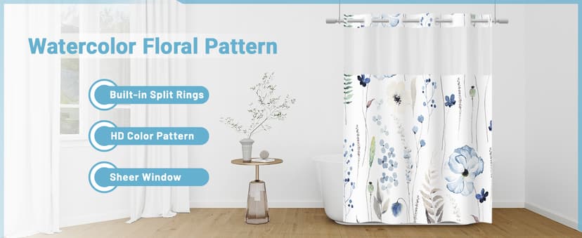 No Hook Shower Curtain with Snap in Liner - Watercolor Floral Shower Curtain - Fabric Waterproof Inner Liner, Plants Blue Beige Flowers White Cloth Shower Curtains Washable, 71 x 74 Inch