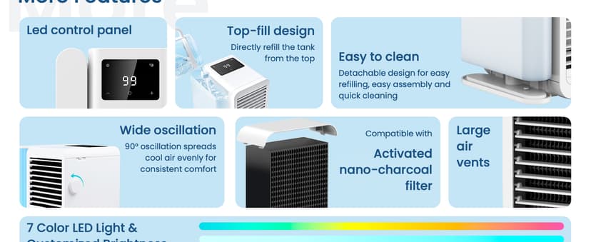 Portable Air Conditioner Cooling Fan: Evaporative Mini Air Cooler with 𝟳 𝗖𝗼𝗹𝗼𝗿𝘀 - USB Personal Air Cooler Desktop Ac Unit for Room Office Home (White)