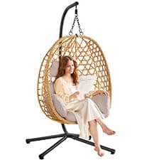 Hanging Egg Chair with Adjustable Footrest & Stand, Wicker Rattan Swing Hammock Chair with Cushion & Double Chains, 350LBS Capacity for Outdoor & Indoor Patio, Deck, Bedroom, Balcony (YE-BE)