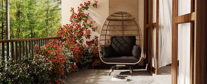 360°Oversize Swivel Egg Chair Outdoor, Heavy-Duty Steel Wicker Egg-Shaped Chair w/4 Cushions, Patio Rotating Rattan Egg Basket Lounge Seat for Patio, Porch, Backyard, Living Room, Black