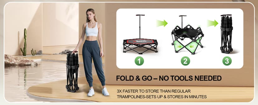 42" Foldable Mini Trampoline- 450lb Capacity Fitness Rebounder w/3-Level Adjustable T-Bar, Adults Workout Trampoline, Non-Slip Pad | Foldable Design for Home/Gym