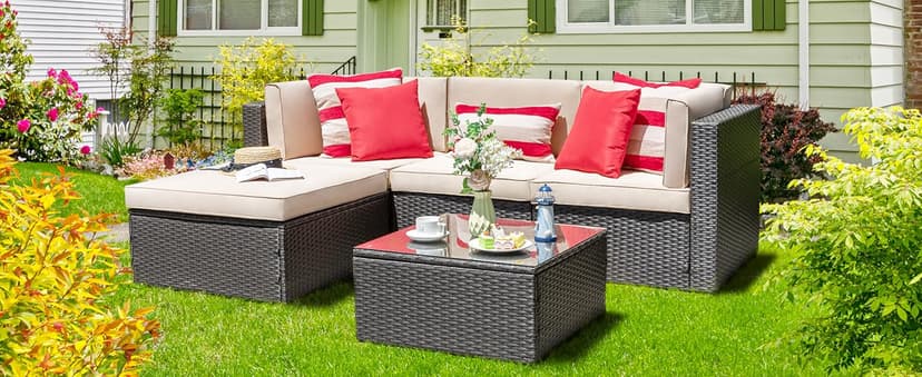Vongrasig 5 Piece Patio Furniture Sets, All-Weather Brown PE Wicker Outdoor Couch Sectional Set, Small Conversation Set for Garden/Patio w/Ottoman, Glass Table, Red Pillow, Beige