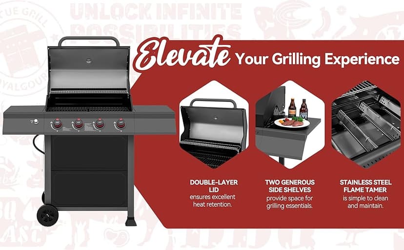 Royal Gourmet GA4401T 4 Burner Propane Gas Grill with Porcelain-enameled Cast Iron Grates, Outdoor BBQ Grill with Warming Rack for Outdoor Cooking and Backyard Barbecues, Black and Gray