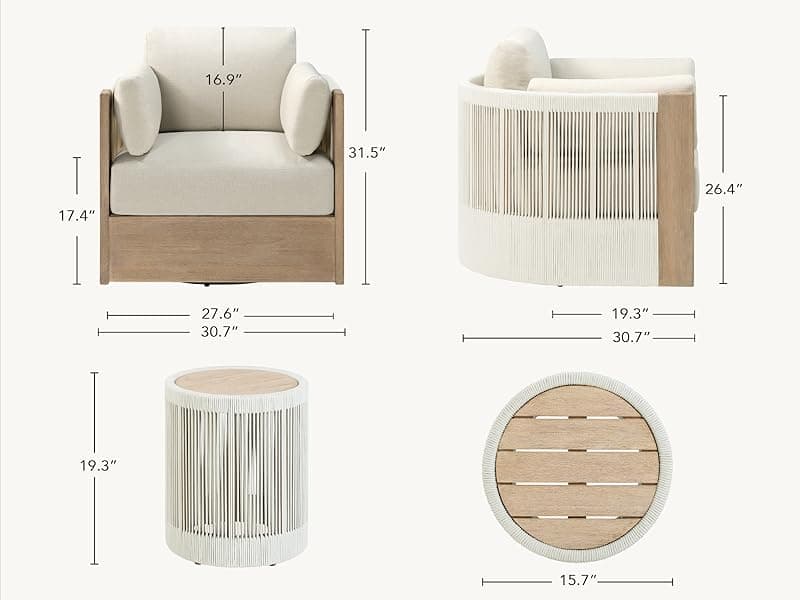 CHITA 3 Pieces Boho Patio Rattan Bistro Set, Outdoor Wicker Furniture Swivel Chairs & Side Table Set with 2 Arm Pillows, Acacia Wood Frame, Fully Assembled(Cream)