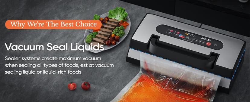 Upgraded Vacuum Sealer for Liquid, SEATAO 90Kpa Vacuum Sealer Machine for Dry/Moist/Liquid Food, Easy-Lock Handle, Double Heat Seal, Built-in Cutter and Bag Storage & Removable Drip Tray