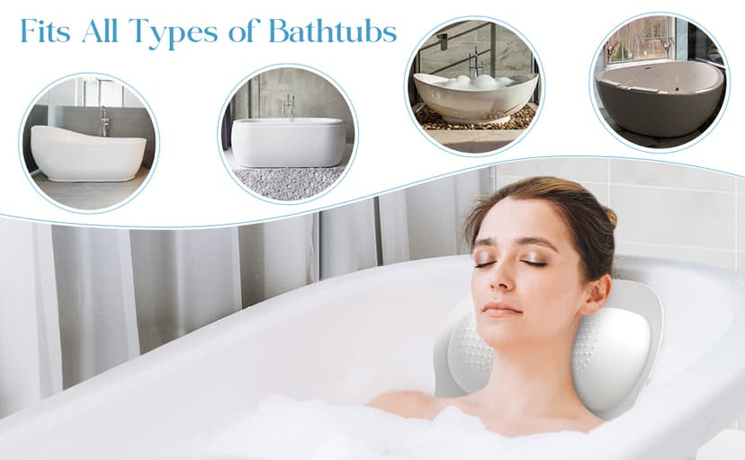 Bath Pillow Luxury Bathtub Pillow, Bath Pillows for Tub Head Neck and Back Support, Non-Slip Soft Silicon Bath Tub Pillow with Strong Suction Cup, Bath Accessories Spa Gifts, White