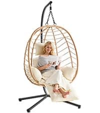 Hanging Egg Chair with Adjustable Footrest & Stand, Wicker Rattan Swing Hammock Chair with Cushion & Double Chains, 350LBS Capacity for Outdoor & Indoor Patio, Deck, Bedroom, Balcony (YE-BE)