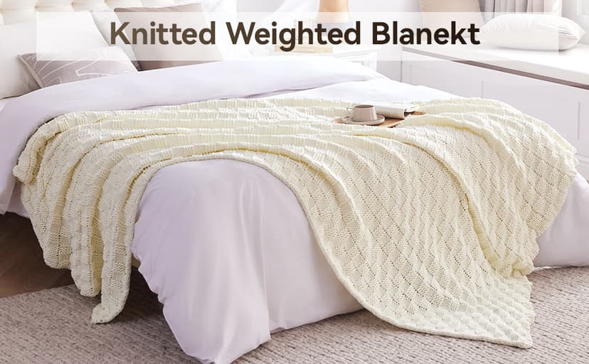 Knitted Weighted Blanket for Adult, No Beads Heavy Blanket 48” x 72'' 12lbs, Breathable Chunky Knit Blanket, Cooling Weighted Blanket for Hot Sleepers, Christmas Home Decor (Ivory White)