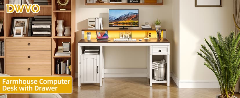DWVO Farmhouse Office Desk with Drawer & Power Outlets, Wood Computer Desk w/LED Strip & Monitor Stand for Bedchamber Study, Home Office Table with Storage Cabinet for Working Writing Gaming (White)
