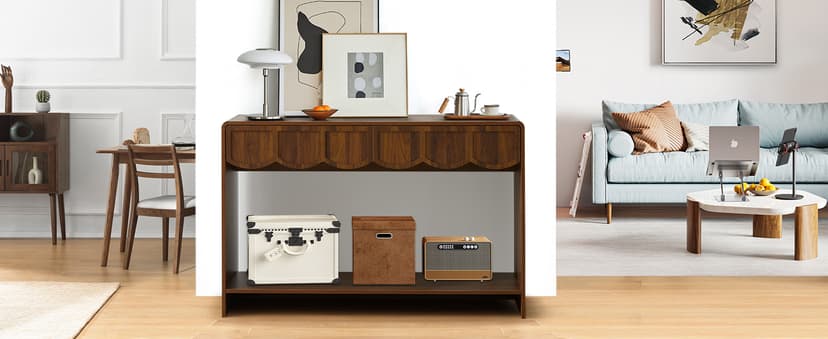 Console Table with Drawers, Mid-Century 43 Inches Narrow Entryway Tables with Open Storage Shelves, Hallway Accent Tables Behind Couch Table for Living Room - Walnut