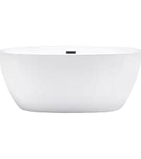 WOODBRIDGE 59" Acrylic Freestanding Bathtub Contemporary Soaking Tub with Matte Black Overflow and Drain,White Tub,B0058-MB