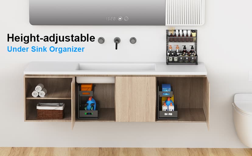 Under Sink Organizer Pull Out Cabinet Organizer Adjustable Height 2 Tier with Sliding Drawers Kitchen Bathroom Organizer and Storage(1pc)