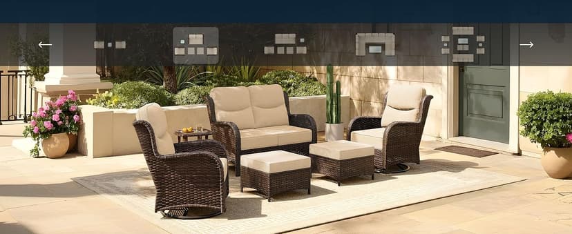 HILLGA Luxury Patio Furniture Set with 6-inch Thick Cushion, Outdoor Couch and High Back Swivel Rocker Patio Chairs, 7PCS Wicker Conversation Set for Deck Yard and Poolside, Blue (V2)