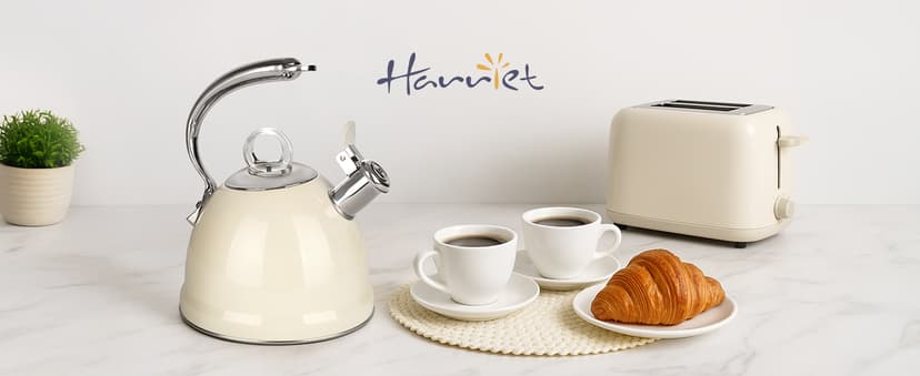 Harriet Tea Kettle Stovetop, 2.5 Quart Whistling Stainless Steel Tea Pot, 3-Layer Base, Unique Ergonomic Handle, Includes Pot Holder & Mat, Electric/Induction/Gas Stovetops Applicable, Mirror Finish