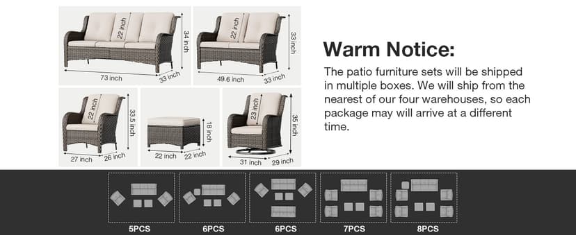 Joyside Outdoor Patio Couch Wicker Sofa - 3 Seater Rattan Sofa for Outside Patio Garden with Deep Seating and Olefin Cushions(Mixed Grey/Beige)