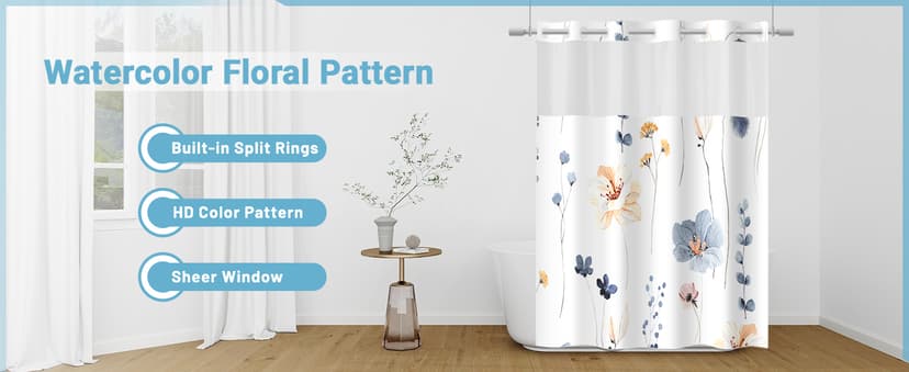 No Hook Shower Curtain with Snap in Liner - Watercolor Floral Shower Curtain - Fabric Waterproof Inner Liner, Plants Blue Beige Flowers White Cloth Shower Curtains Washable, 71 x 74 Inch