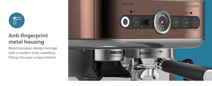 PHILIPS Barista Brew Semi Automatic Espresso Machine - Single & Double Espresso + Americano Button, 280g Dual Bean Container, Intuitive Guidance, Calibrated Tamping, Metal Cappuccino (PSA3228/41)