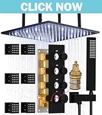HOMEDEC 12inch Rain Shower System with Full Body Jets Sprays, Ceiling LED Brass Shower Faucet Set with 3 Functions Thermostatic Valve, Can Use All Function At Once