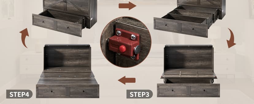 Murphy Bed Queen Size, Cabinet Bed with Charging Station Large Storage Drawer for Home Office or Small Room, Hideaway Bed Full Foldable Platform Bed, Rustic Grey