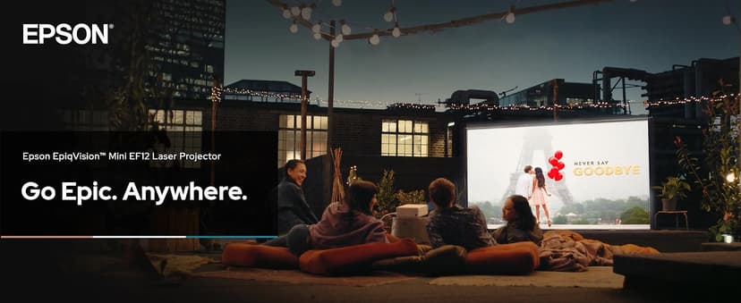 Epson EpiqVision Mini EF12 Smart Streaming Laser Projector, HDR, Android TV, Movies, Family Gaming, Portable, sound by Yamaha, 3LCD, Full HD 1080p, 1000 lumens Color & White Brightness Bluetooth Black