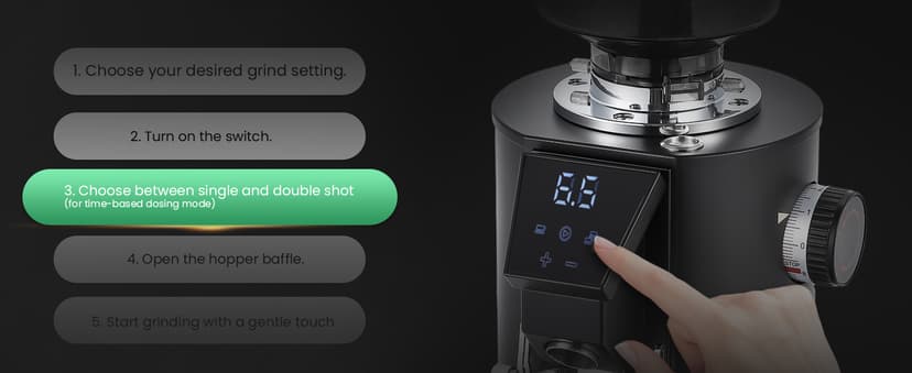 Huanyu Commercial Coffee Grinder with Touching Screen Infinite Adjustment 8 Grinding Settings Burr Coffee Grinders for Shops with Dual Dosing Modes