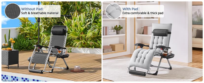 Yaheetech Zero Gravity Chair, Folding Reclining Lounge Recliner with Removable Pad & Headrest & Side Cup Holder Tray for Indoor and Outdoor Gray/1