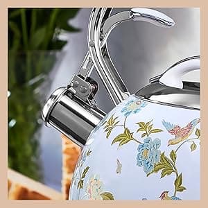 Laura Ashley Elveden White Stovetop Kettle with Whistle - 2.5L Fast Boil Stainless Steel Kettle Stove Top - Silicon Coated Cool Handle Camping Kettle for Gas, Induction Hob - Compatible with Aga Stove