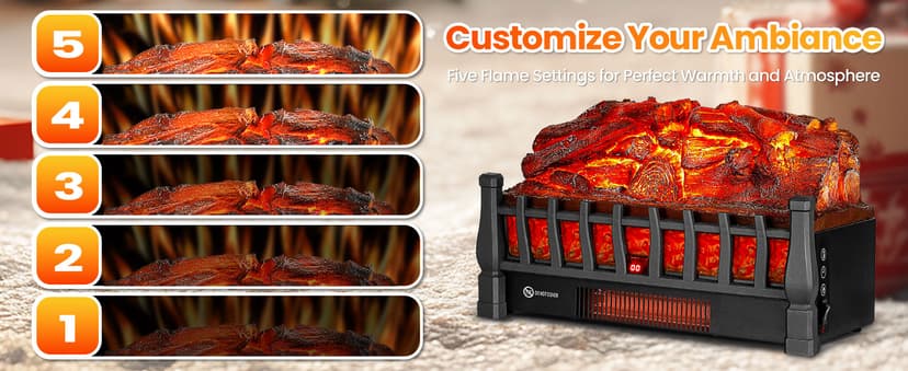 Electric Fireplace Logs Inserts Heater with Infrared Remote, 24 H Timer, 5 Flame Brightness, Thermostat, Overheating Protection for Home & Office
