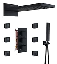 MONDAWE 28 Inch Flush-Mounted Thermostatic Shower System in Matte Black, 64 Colors LED and Bluetooth Control Music Rainfall Shower Head, Handheld Spray and Body Jets, High Pressure Shower Faucet Set