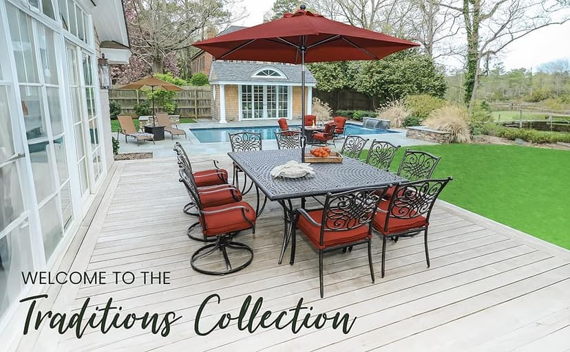 Hanover Traditions Set with 6 Swivel Rocker Chairs, Tan Cushions and Large 38"x72" Dining Table, Outdoor Dining Set for 6