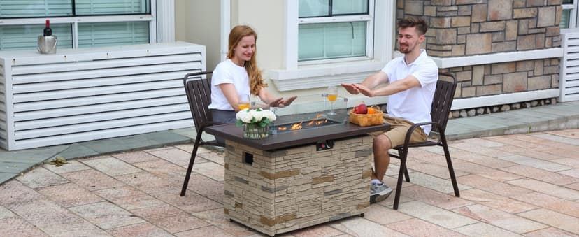 43" Propane Fire Pit Table Outdoor Stone Firepit Table Rectangular 50000 BTU Propane Fire Tables for Outside Patio with Wind Guard, Table Lid, Fire Beads, Cover,Pizzello Caldo (Buff)