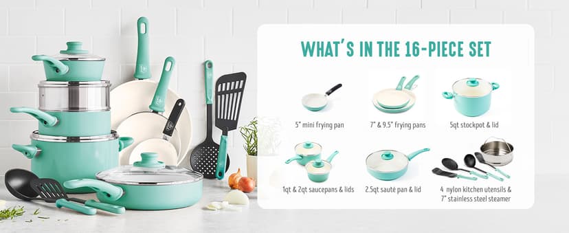 GreenLife Soft Grip 16 Piece Cookware Set, Non-Toxic PFAS-Free Ceramic Nonstick, Pots, Frying, Sauce, Saute, Glass Lids, Stay-Cool Handles, Wobble Free Bases, Dishwasher & Oven Safe, Turquoise