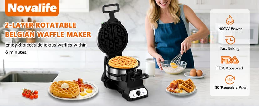 Waffle Maker, 1400W Belgian Waffle Maker, Double Waffle Iron 180° Flip, Rotating Nonstick Plates, Adjustable Browning Control, Locking Buckle & Cool Touch Handle, Removable Drip Tray, Stainless Steel