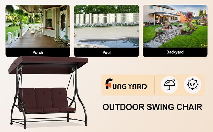 3-Seat Outdoor Patio Swing Glider - Heavy Duty Steel Frame with Adjustable Canopy & Removable Cushions - All Weather Porch Swings Chair for Backyard, Garden, Poolside - Brown