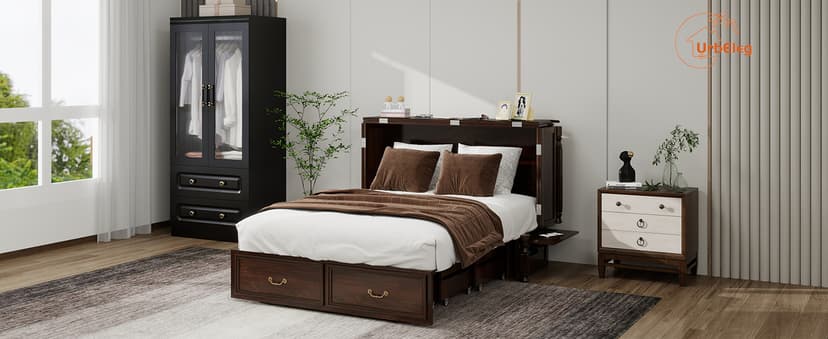 Murphy Bed Cabinet Full with Tri-Folding Mattress, Solid Wood Murphy Bed with 2 USB & 2 Charging Ports, Large Storage Drawer for Home Office or Small Space, Ebony Wood Color