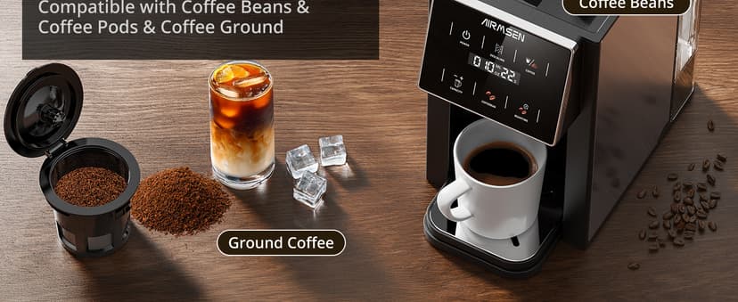 AIRMSEN Grind & Brew Coffee Maker with Grinder - Single Serve Machine Compatible with K-Cup Pods & Ground, 1000W Fast 6-14oz Brewer, Descaling Alert, Touchscreen & 50oz Removable Tank