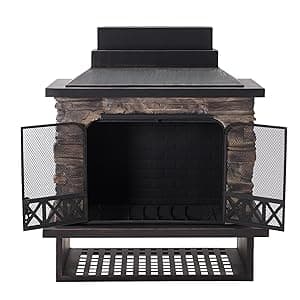 Sunjoy Outdoor Fireplace, Heavy Duty Patio Wood Burning Fireplace with Steel Chimney, Mesh Spark Screen Doors, Removable Grate and Fire Poker, Black