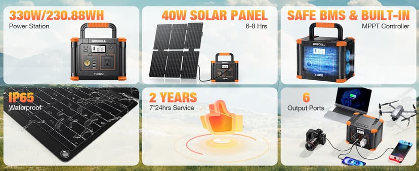 Grecell Portable Power Station 330W (Peak 600W) with 40W Solar Panel, GRECELL 230.88Wh Solar Generator 60W USB-C PD, 110V Pure Sine Wave AC Outlet, Lightweight Backup Battery for Camping, Travel, RVs