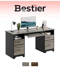 Bestier 59” Computer Desk with 4 Drawers, Office Desk with Storage, Industrial Executive Desk with File Drawer, Keyboard Tray & 2 Pedestals on Both Sides for Home Office & Studio, Grey
