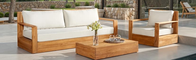 SAFAVIEH Outdoor Collection Owen Natural Teak Solid Wood/Taupe Cushion 3-Seater Sofa