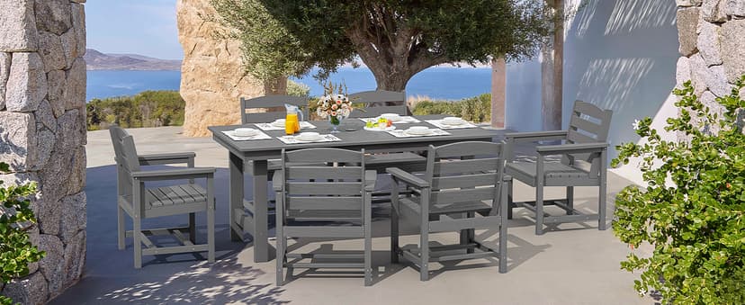 SERWALL Outdoor HDPE Dining Table Set, 7-Piece Outdoor Dining Table Sets with Umbrella Hole Cut-Out Table and 6 Chairs, Gray