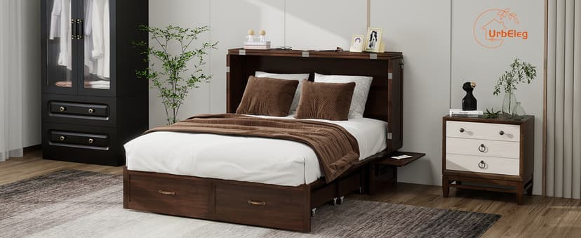 Murphy Bed Cabinet Full with Tri-Folding Mattress, Solid Wood Murphy Bed with 2 USB & 2 Charging Ports, Large Storage Drawer for Home Office or Small Space, Ebony Wood Color